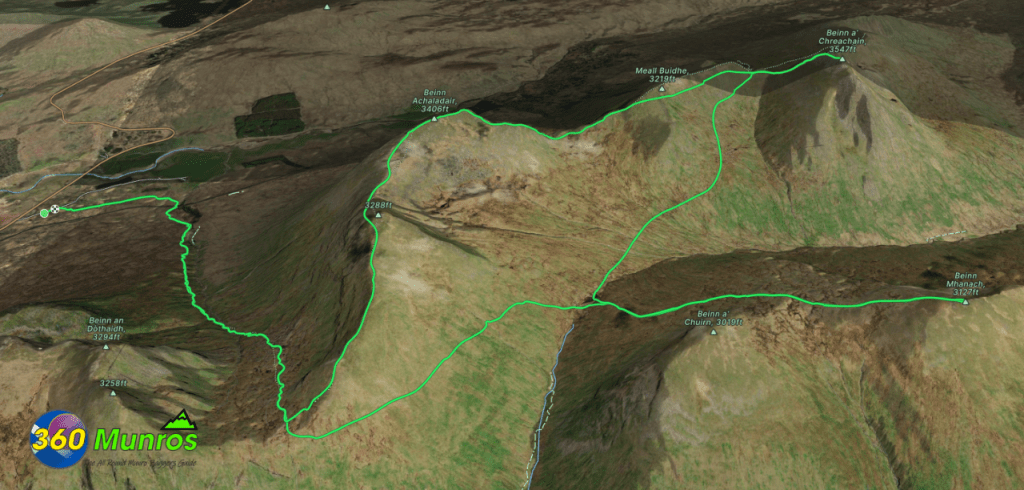 Beinn Mahanich, Beinn a'Chreachain & Achaladair 3d route map