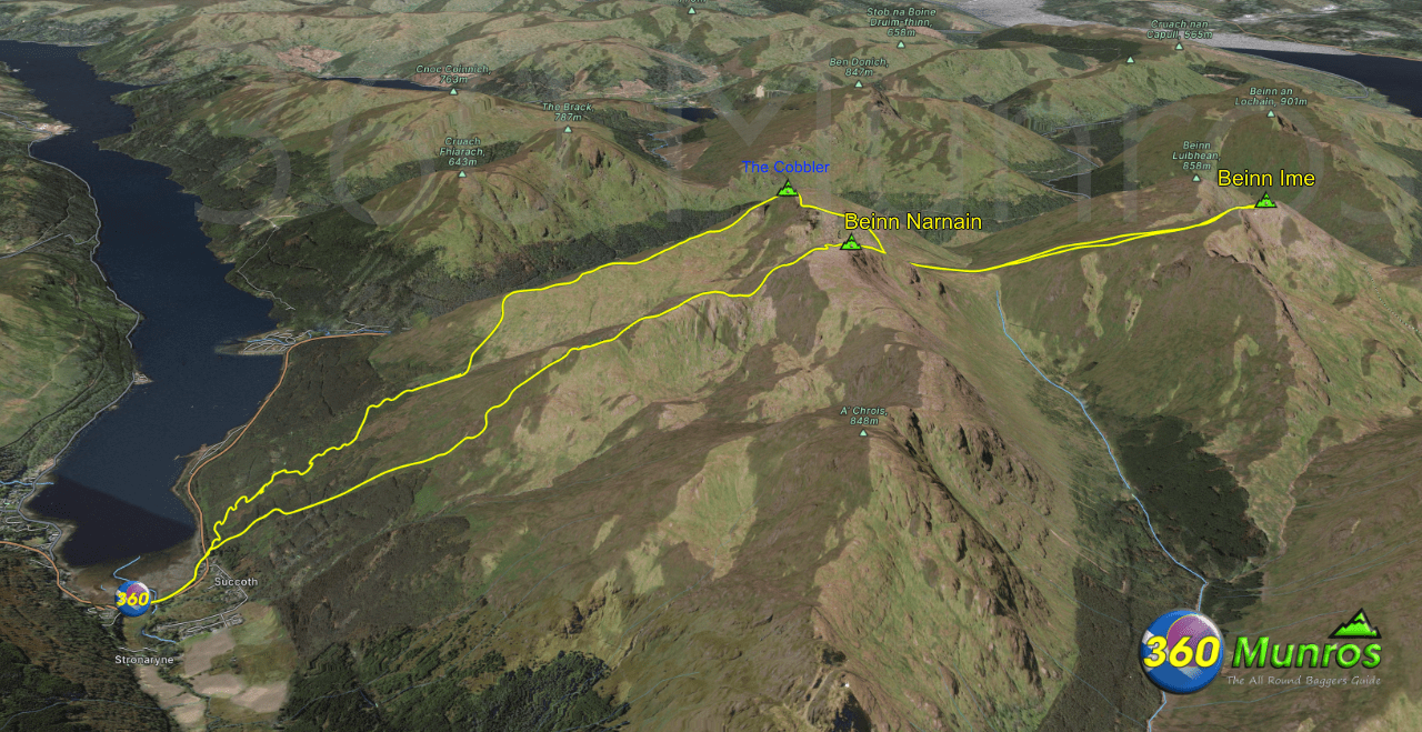 The Cobbler, Beinn Ime, Beinn Narnain route line on image